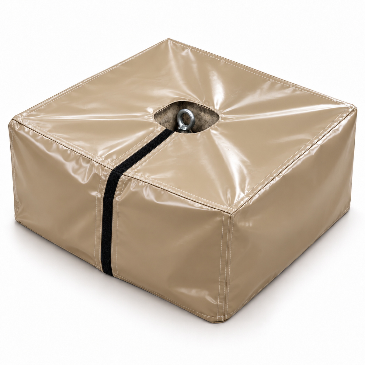 Beige PVC-Hülle über Betonballastblock mit Öffnung für die Hebeöse